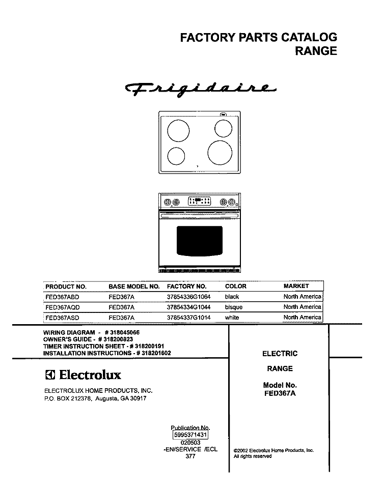 COVER Diagram and Parts List for FED367AQD  Frigidaire Range