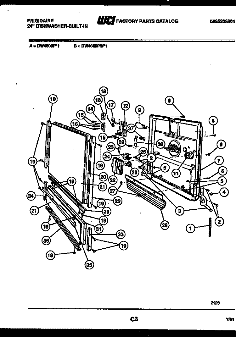 DOOR PARTS Diagram and Parts List for DW4600PW1  Frigidaire Dishwasher