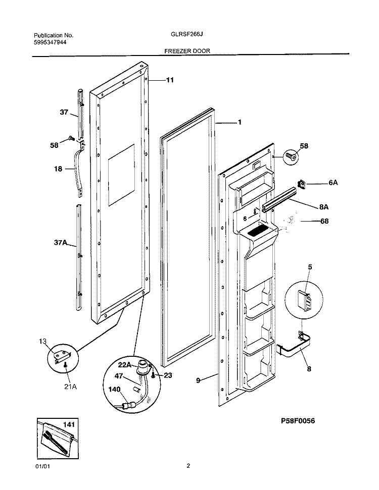 FREEZER DOOR Diagram and Parts List for GLRSF266JW2  Frigidaire Refrigerator