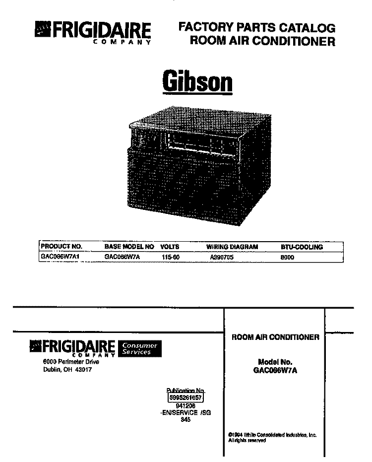 COVER Diagram and Parts List for GAC086W7A1  Gibson Air Conditioner