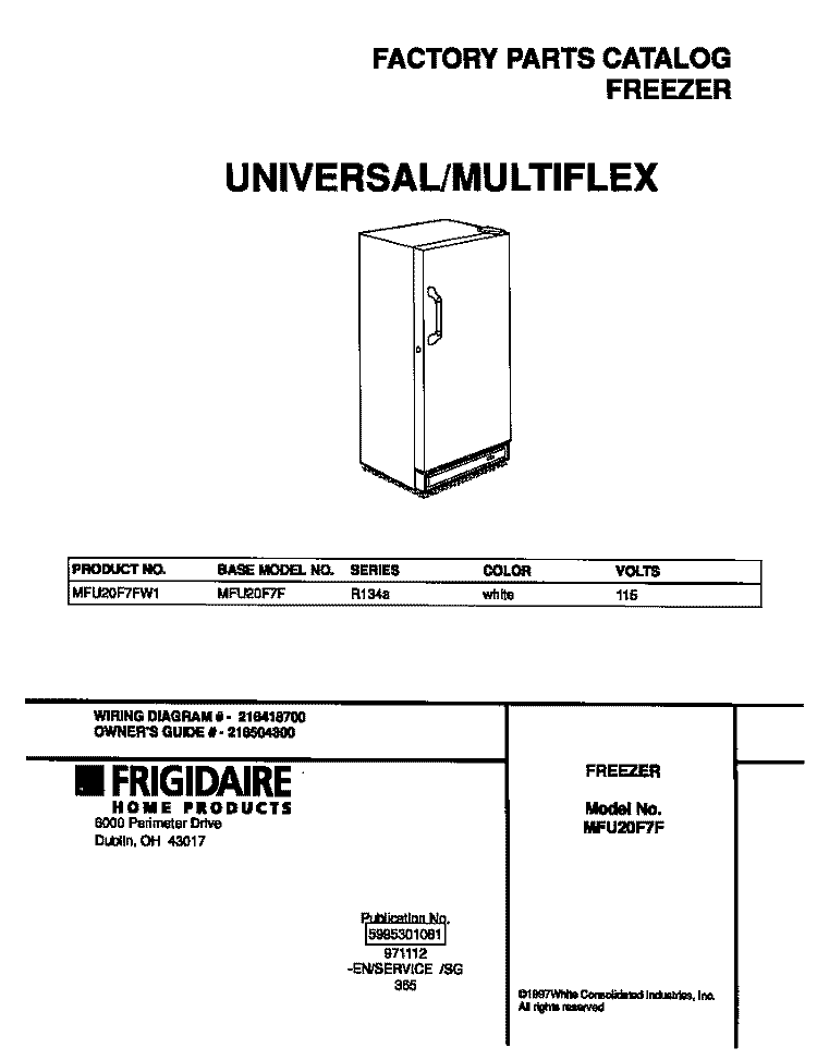 COVER Diagram and Parts List for MFU20F7FW1  Frigidaire Freezer