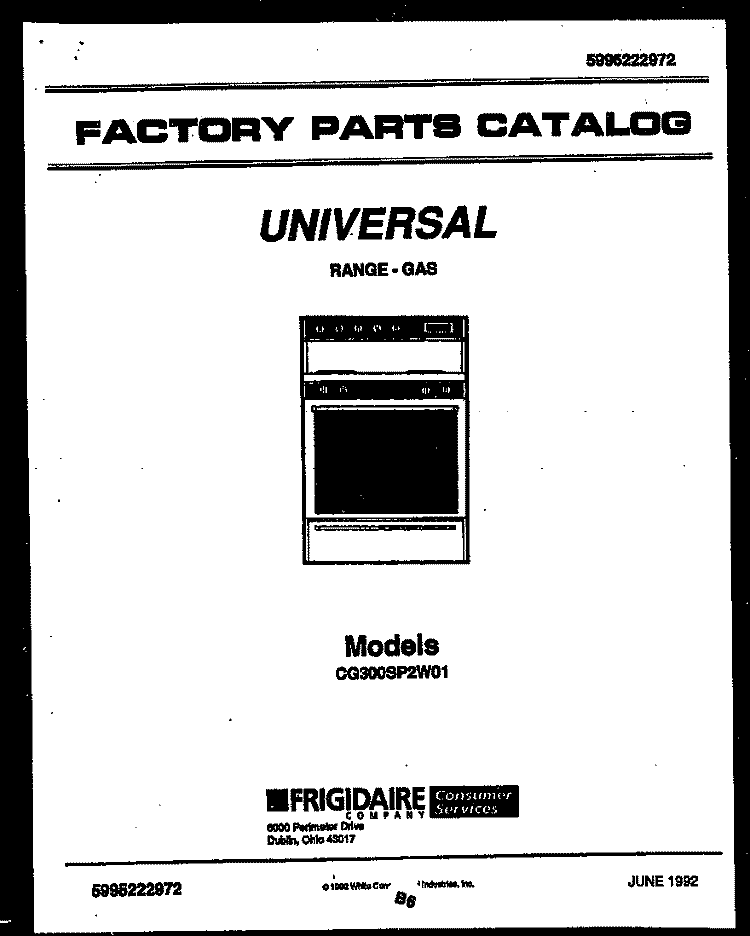 COVER Diagram and Parts List for CG300SP2W1  Frigidaire Range