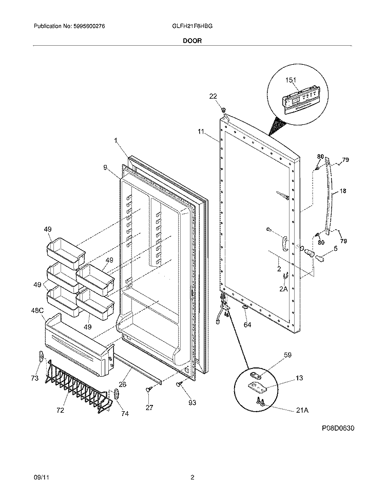 DOOR Diagram and Parts List for GLFH21F8HBG  Frigidaire Freezer