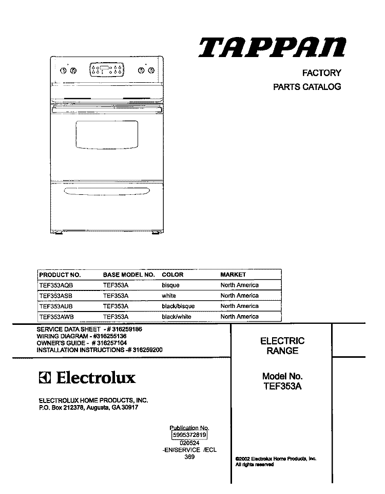COVER Diagram and Parts List for TEF353AQB  Tappan Range
