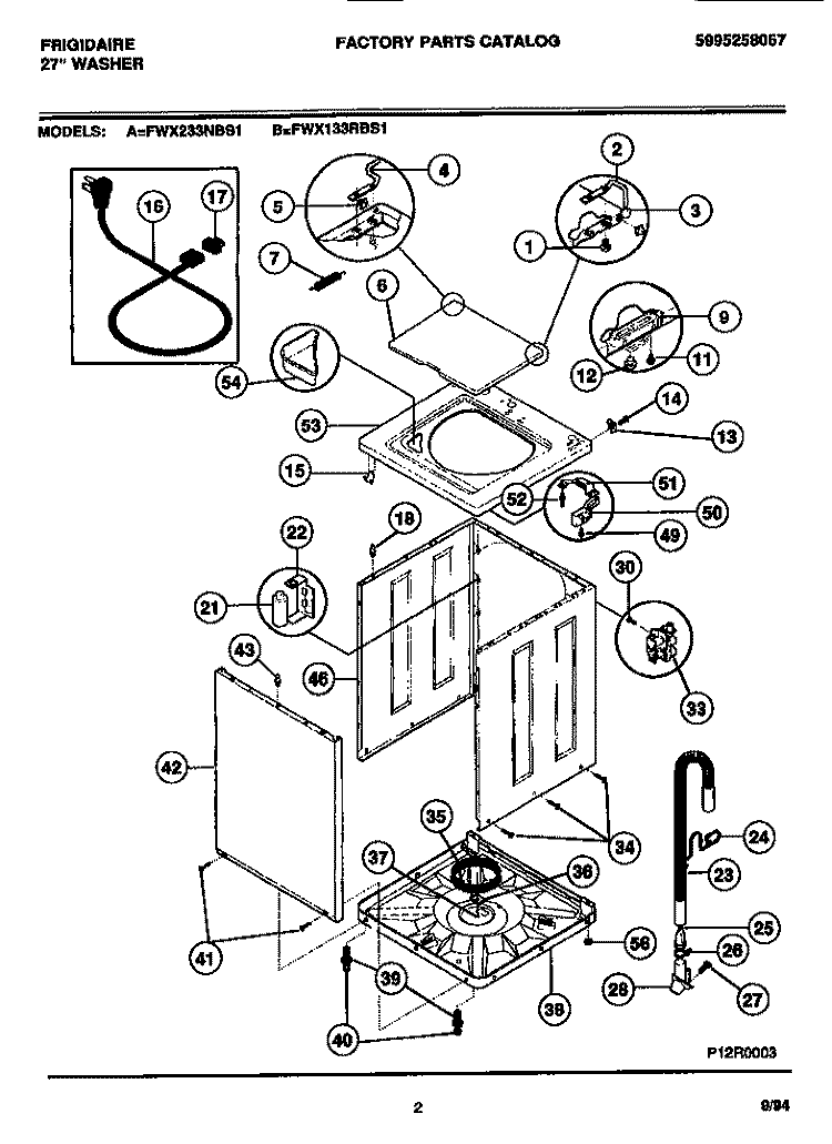 CABINET, TOP PANEL, BASE Diagram and Parts List for FWX133RBS1  Frigidaire Washer