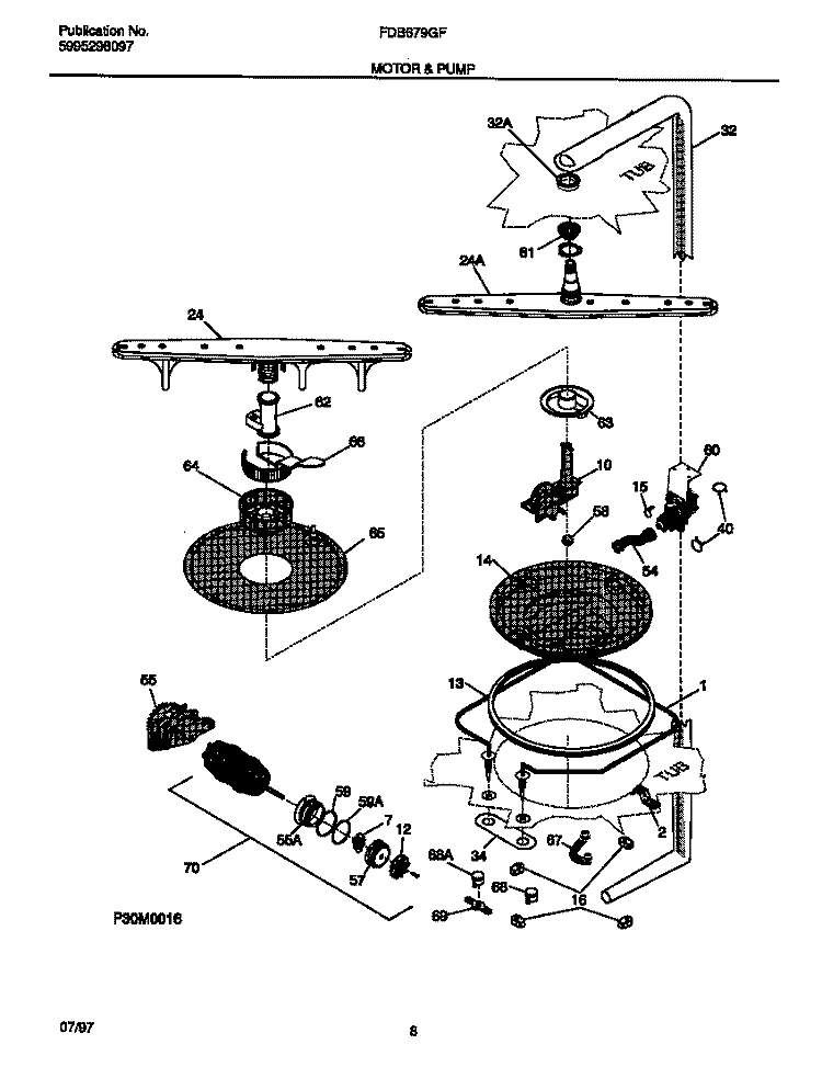 MOTOR & PUMP Diagram and Parts List for FDB679GFW3  Frigidaire Dishwasher
