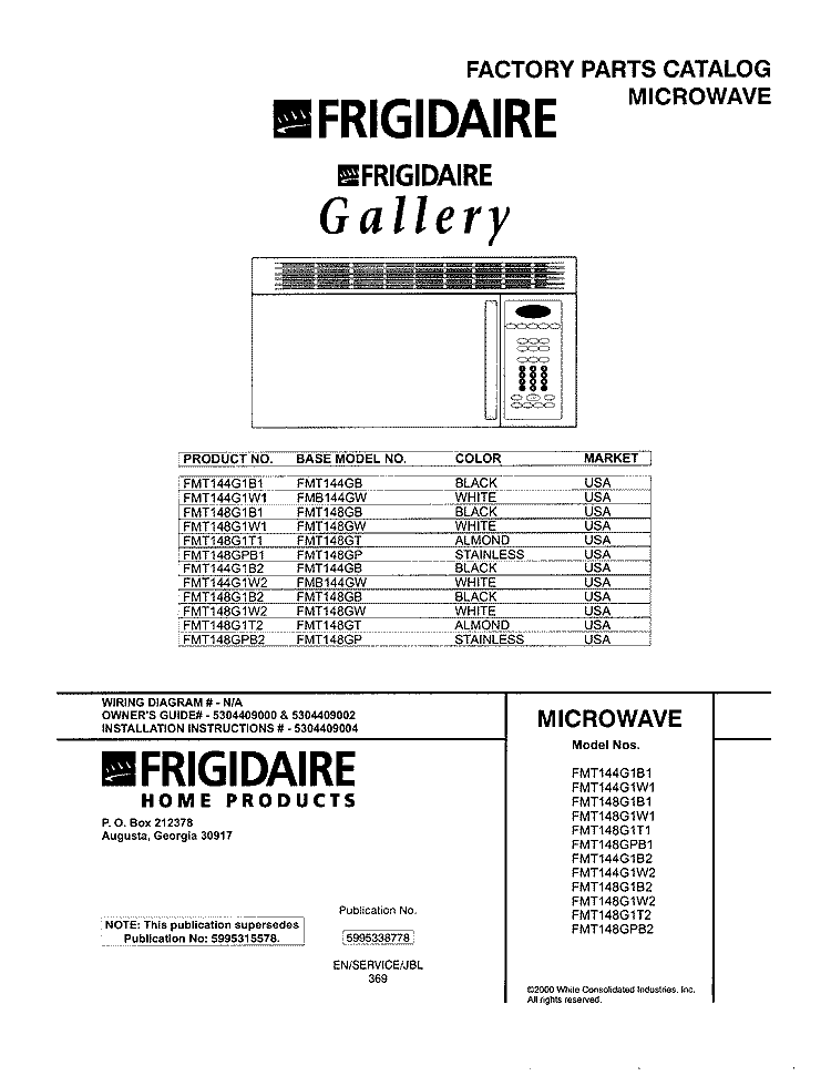 COVER Diagram and Parts List for FMT148GPB1  Frigidaire Microwave