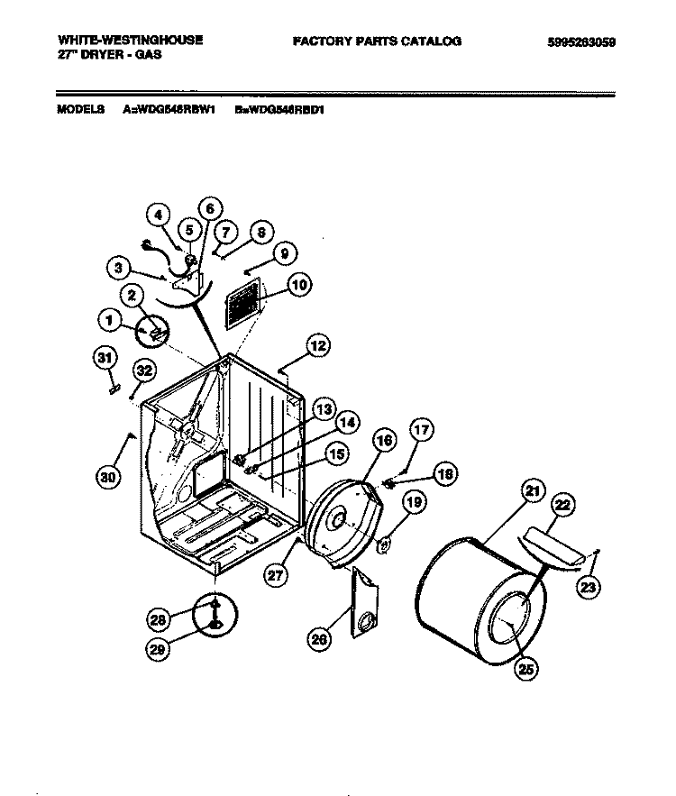 CABINET, DRUM Diagram and Parts List for WDG546RBW1  Frigidaire Dryer