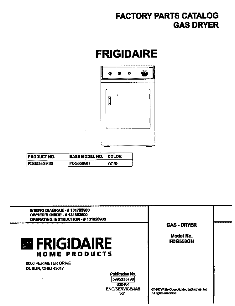 COVER Diagram and Parts List for FDG558GHS0  Frigidaire Dryer