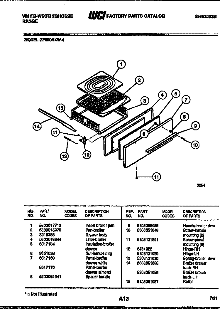 BROILER DRAWER PARTS Diagram and Parts List for GF600HXW4  Frigidaire Range