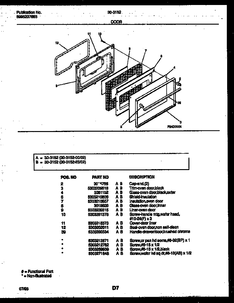DOOR PARTS Diagram and Parts List for 30-3152-23-02  Tappan Range