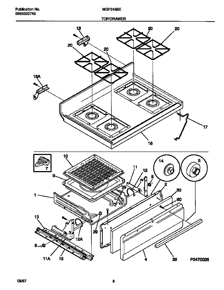 TOP / DRAWER Diagram and Parts List for MGF345BEWC  Frigidaire Range