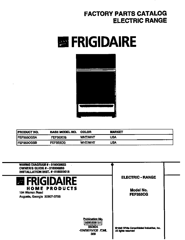 COVER Diagram and Parts List for FEF353CGSA  Frigidaire Range