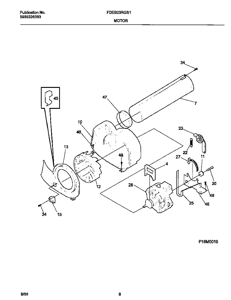 P16M0019 MOTOR, BLOWER Diagram and Parts List for FDEB23RGS1  Frigidaire Dryer