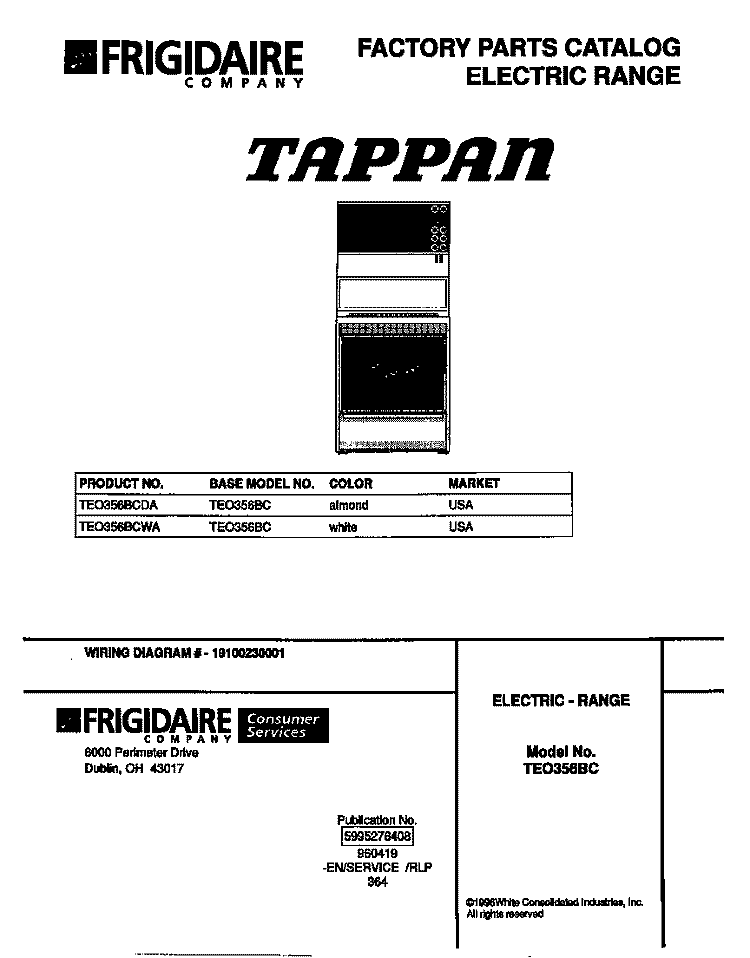 COVER Diagram and Parts List for TEO356BCWA  Tappan Range