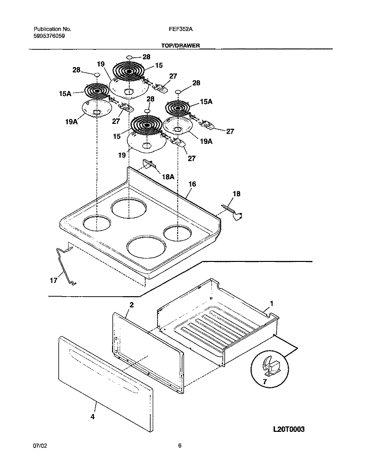 TOP / DRAWER Diagram and Parts List for FEF352ASD  Frigidaire Range