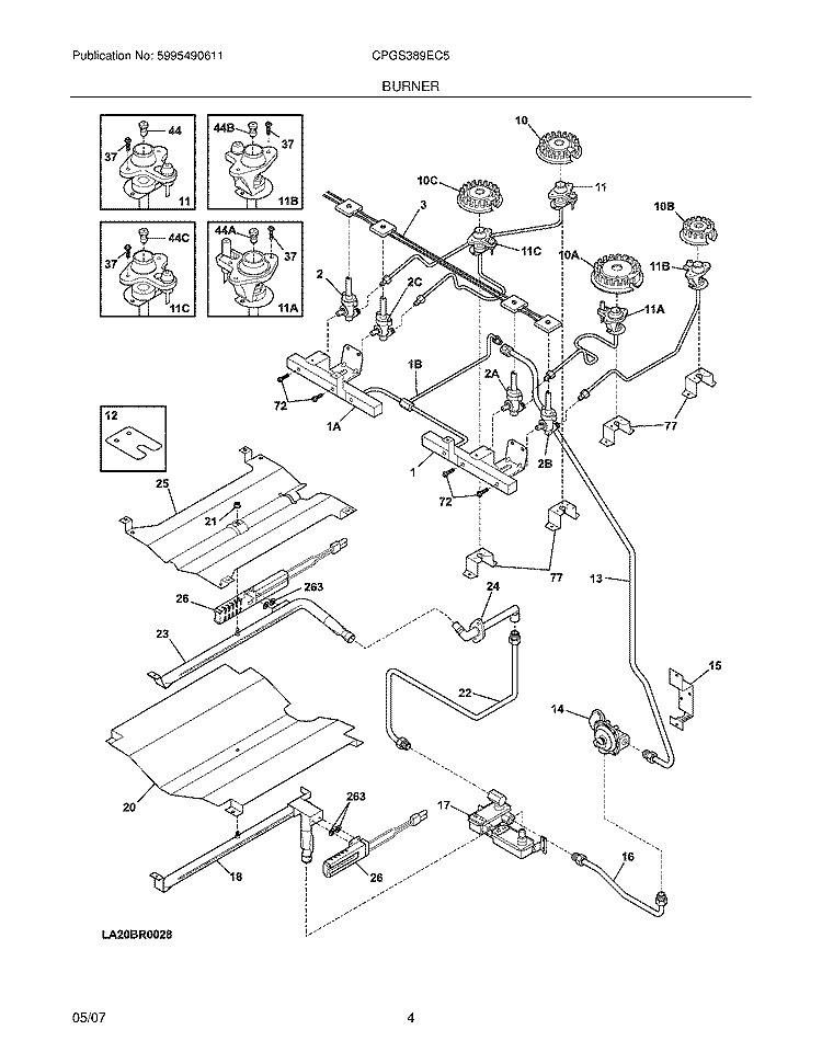 BURNER Diagram and Parts List for CPGS389EC5  Frigidaire Range