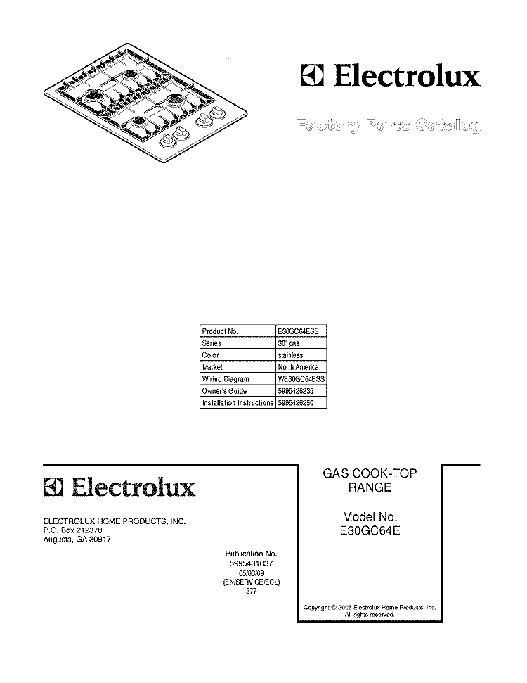 COVER Diagram and Parts List for E30GC64ESS  Electrolux Cooktop