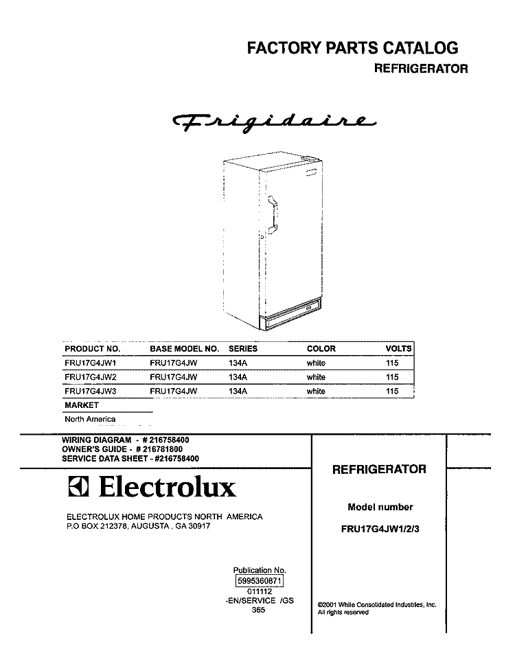 COVER Diagram and Parts List for FRU17G4JW3  Frigidaire Refrigerator