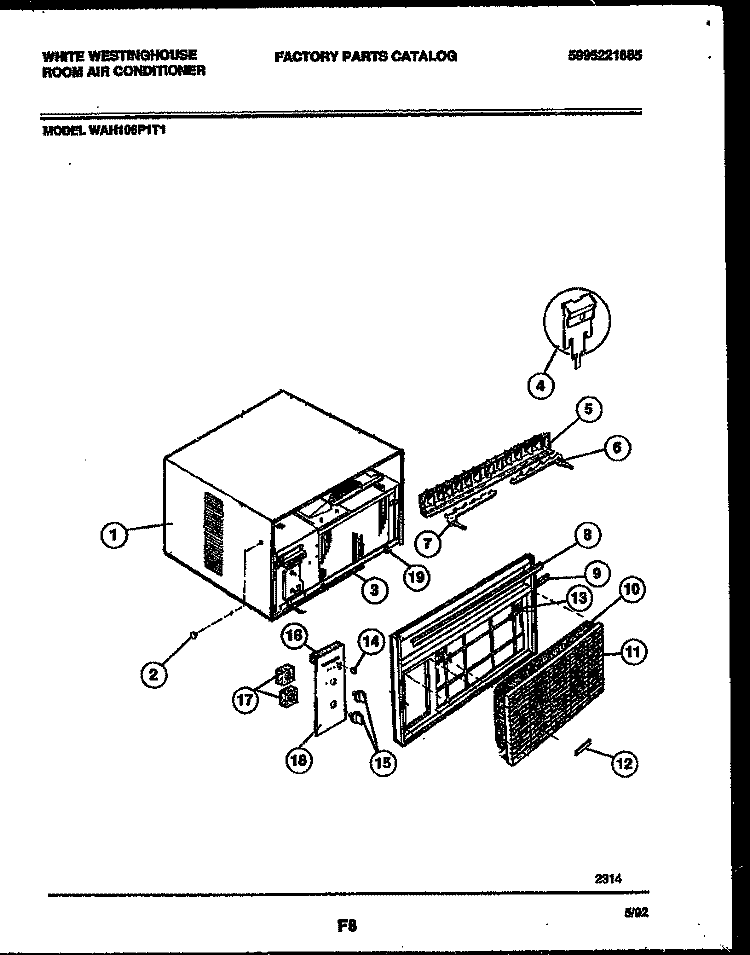 CABINET PARTS Diagram and Parts List for WAH106P1T1  Frigidaire Air Conditioner