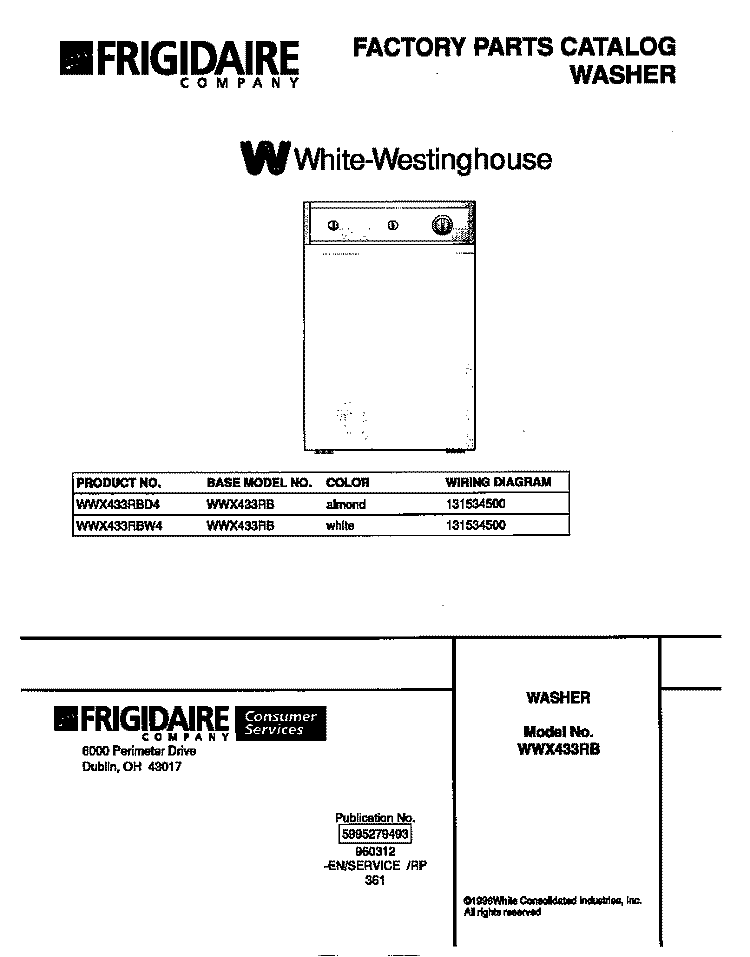 COVER Diagram and Parts List for WWX433RBD4  Frigidaire Washer