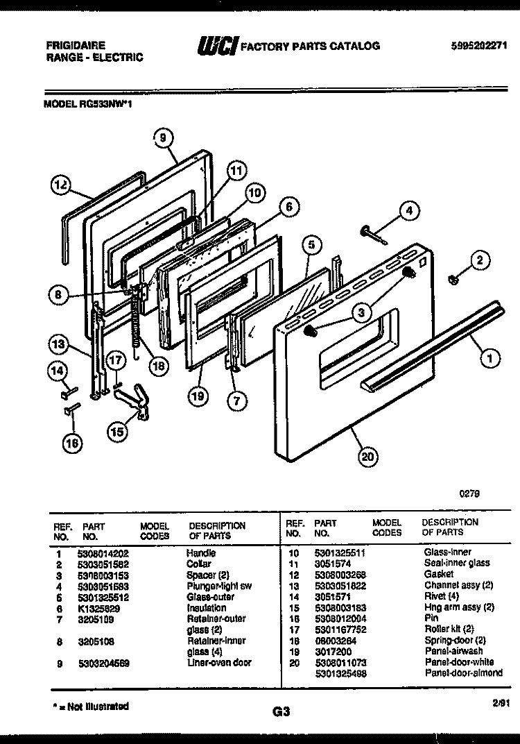 DOOR PARTS Diagram and Parts List for RG533NW1  Frigidaire Range