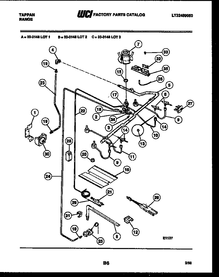BURNER, MANIFOLD AND GAS CONTROL Diagram and Parts List for 30-3148-00-02  Tappan Range