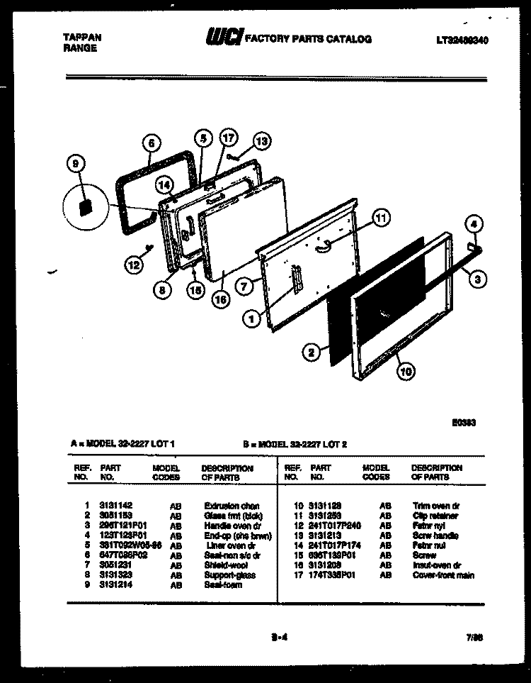 DOOR PARTS Diagram and Parts List for 32-2227-00-01  Tappan Range