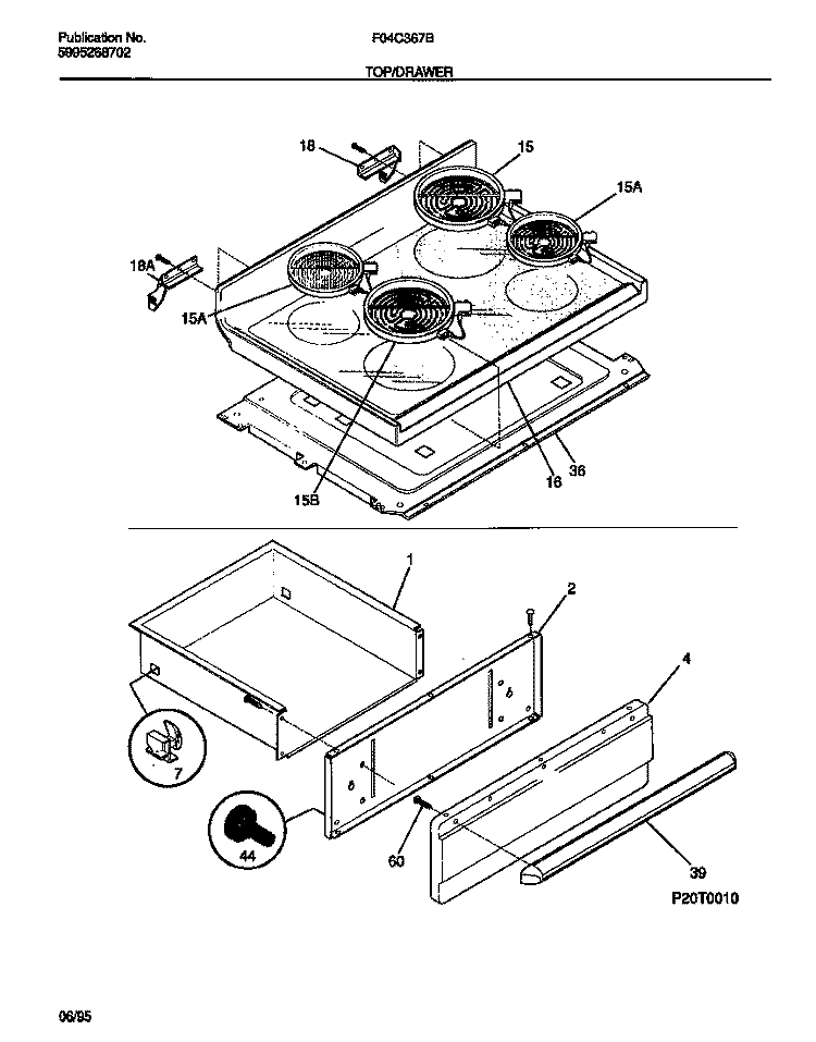 TOP / DRAWER Diagram and Parts List for F04C367BTB  Frigidaire Range