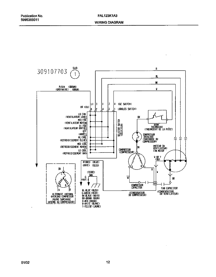 WIRING DIAGRAM Diagram and Parts List for FAL123K1A3  Frigidaire Air Conditioner