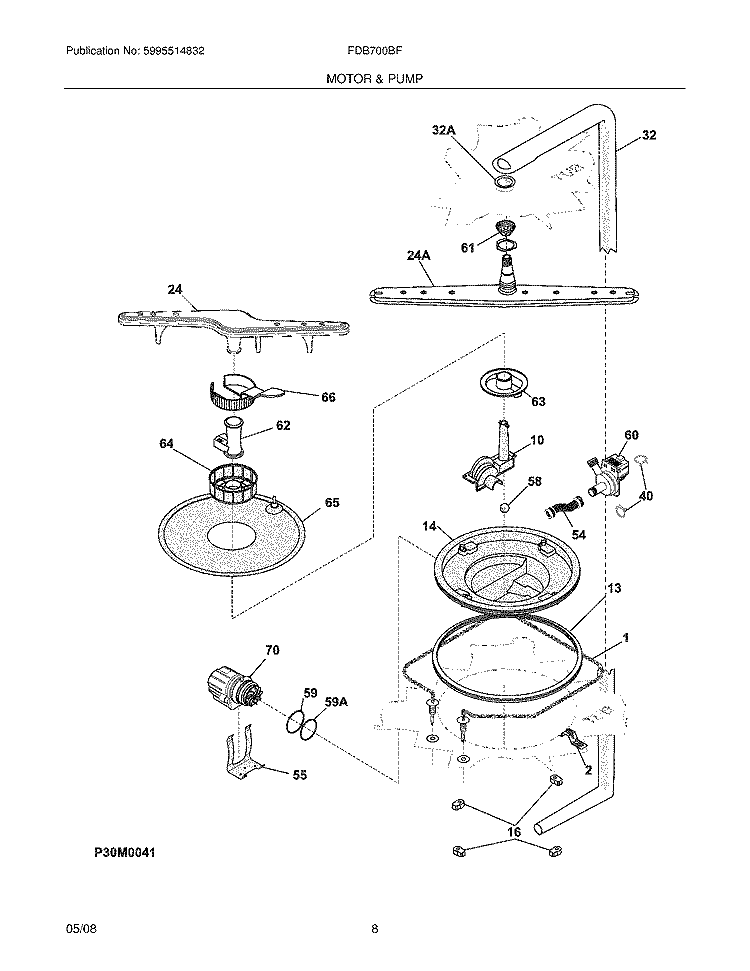 MOTOR & PUMP Diagram and Parts List for FDB700BFQ1  Frigidaire Dishwasher