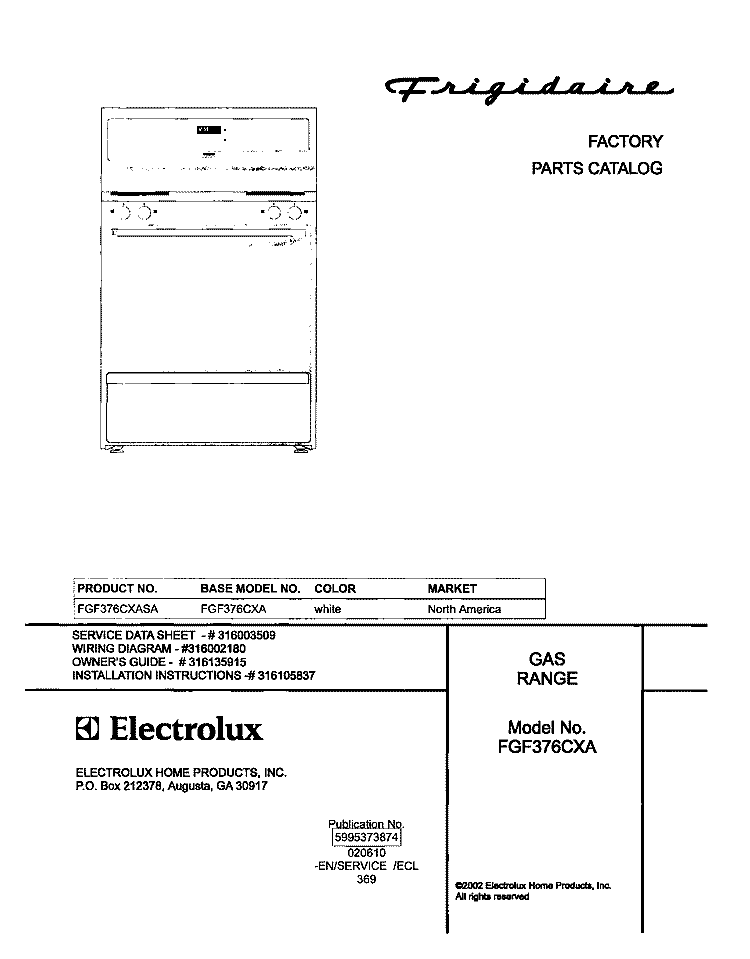 COVER Diagram and Parts List for FGF376CXASA  Frigidaire Range