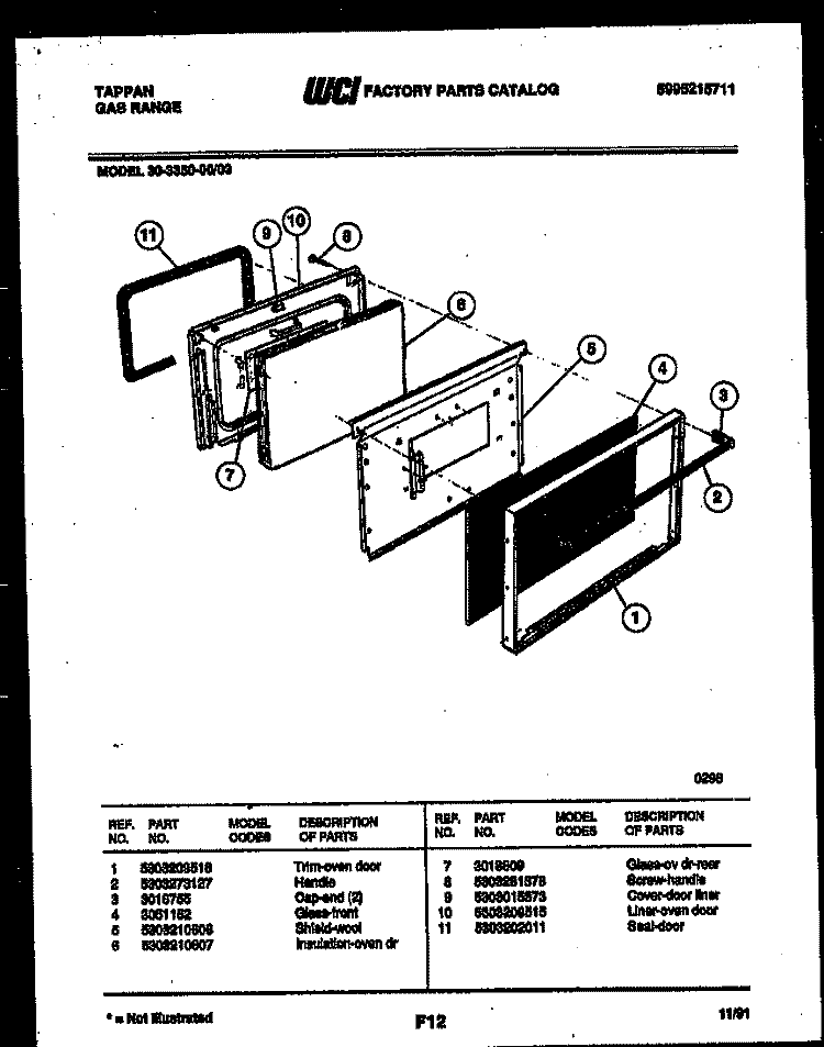 DOOR PARTS Diagram and Parts List for 30-3350-00-03  Tappan Range