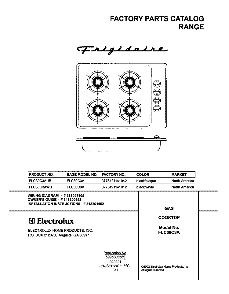 COVER Diagram and Parts List for FLC30C3AWB  Frigidaire Cooktop