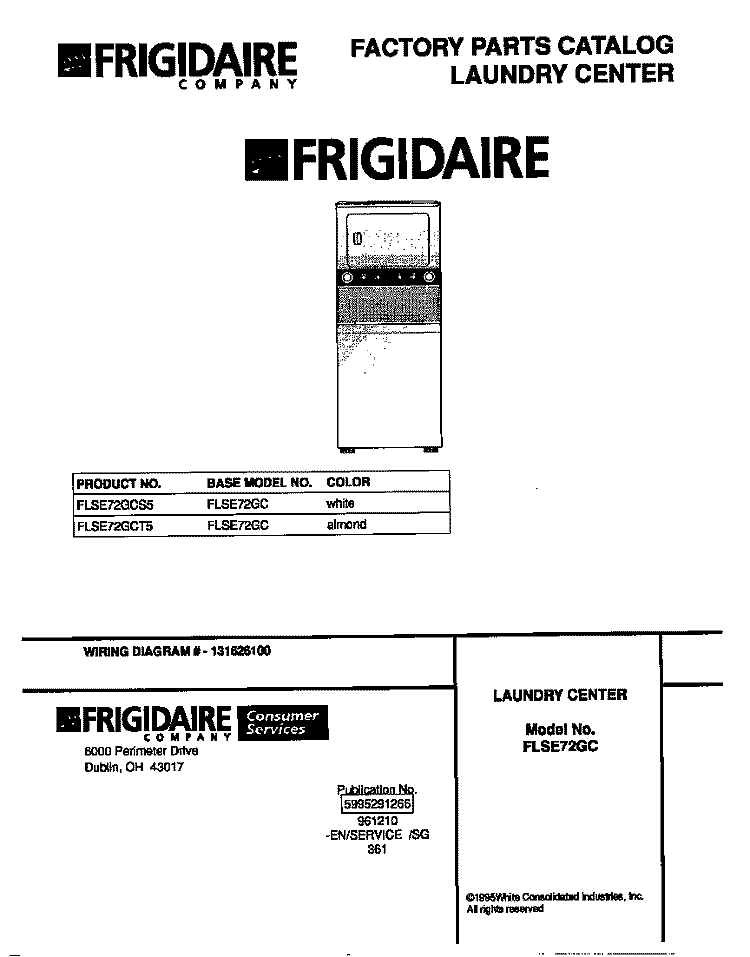 COVER Diagram and Parts List for FLSE72GCT5  Frigidaire Washer Dryer Combo