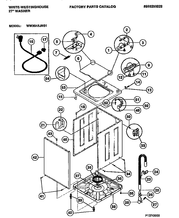 CABINET, TOP PANEL, BASE Diagram and Parts List for WWX645JBS1  Frigidaire Washer