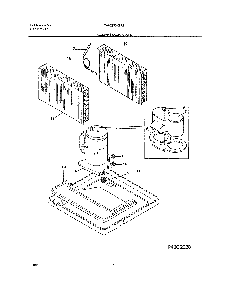 COMPRESSOR Diagram and Parts List for WAS250K2A2  Frigidaire Air Conditioner