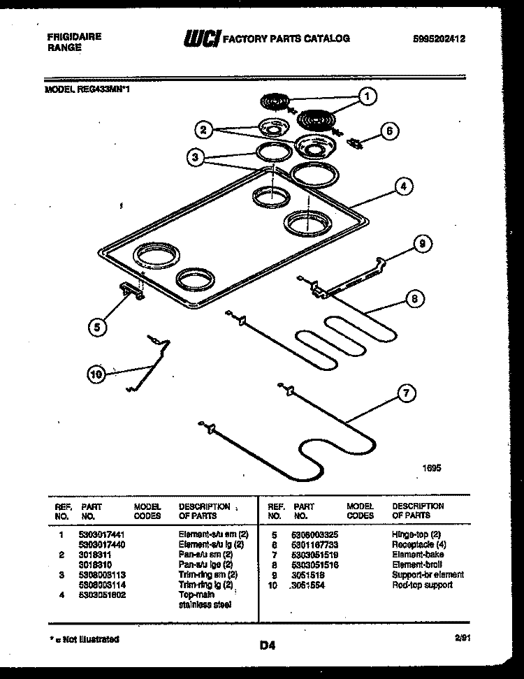 COOKTOP AND BROILER PARTS Diagram and Parts List for REG433MNW1  Frigidaire Range