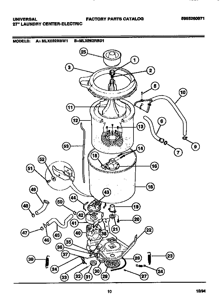 WASHER - TUBS, HOSES, MOTOR Diagram and Parts List for MLXE62RBD1  Frigidaire Washer Dryer Combo