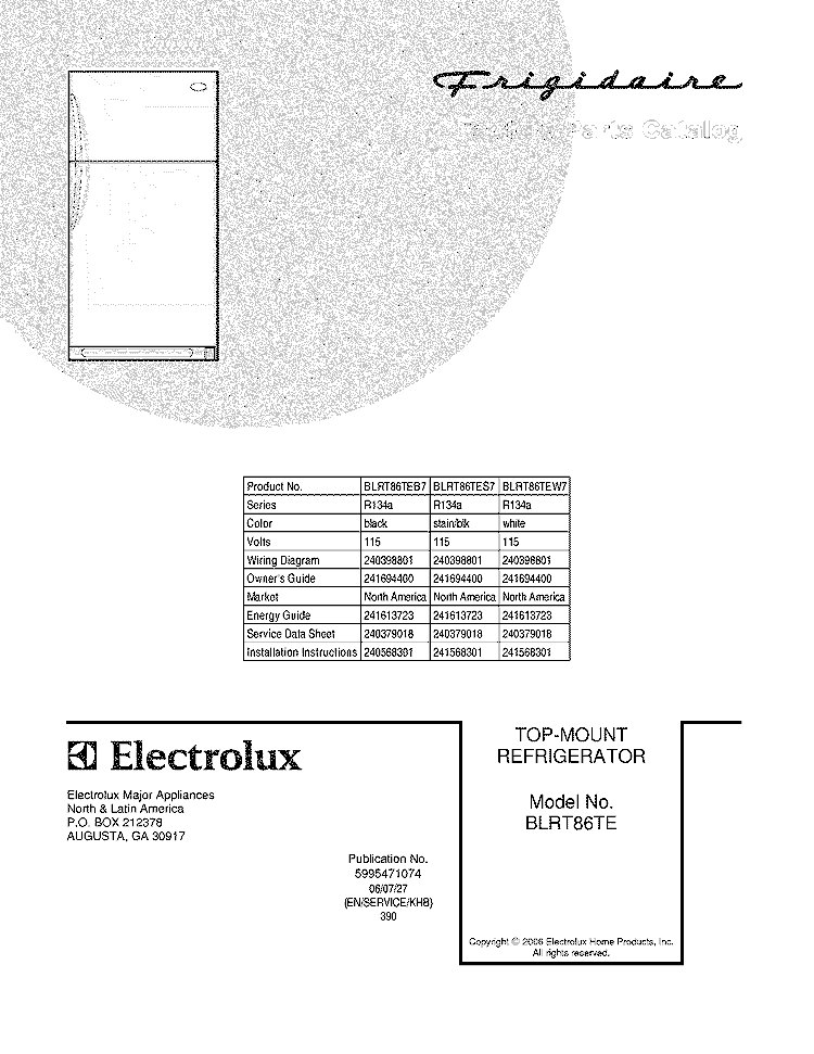 COVER Diagram and Parts List for BLRT86TES7  Frigidaire Refrigerator