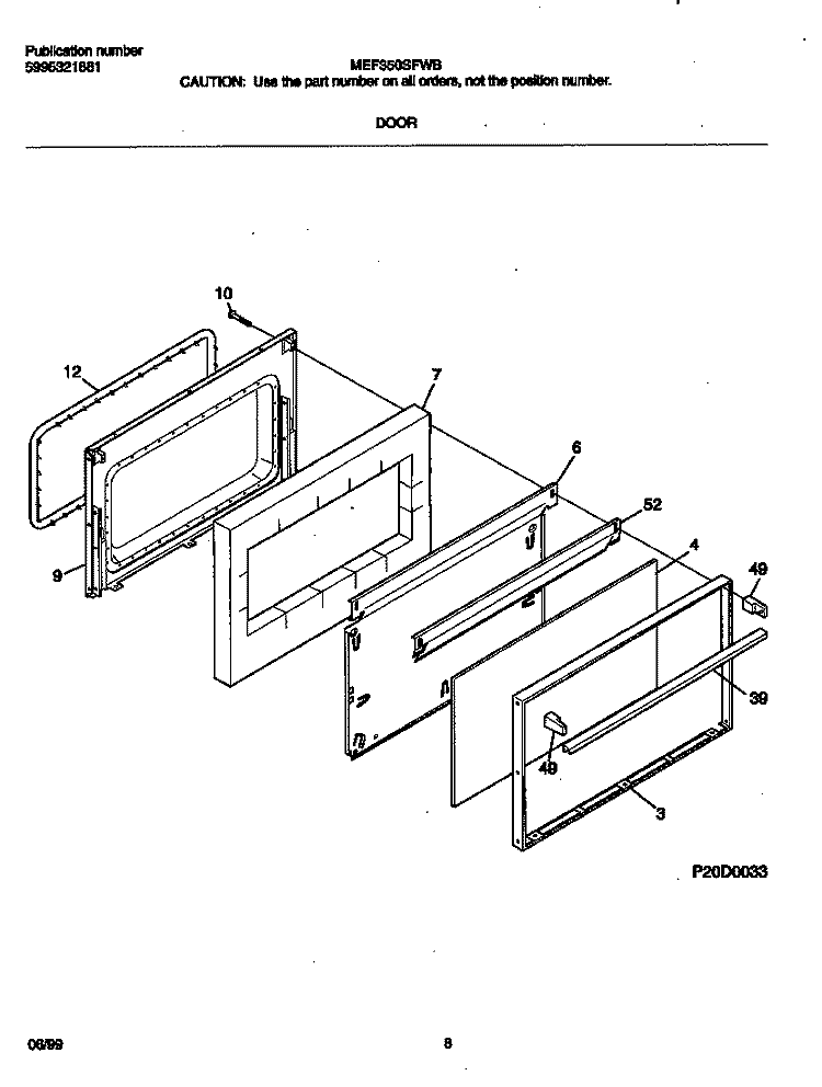 DOOR Diagram and Parts List for MEF350SFDB  Frigidaire Range