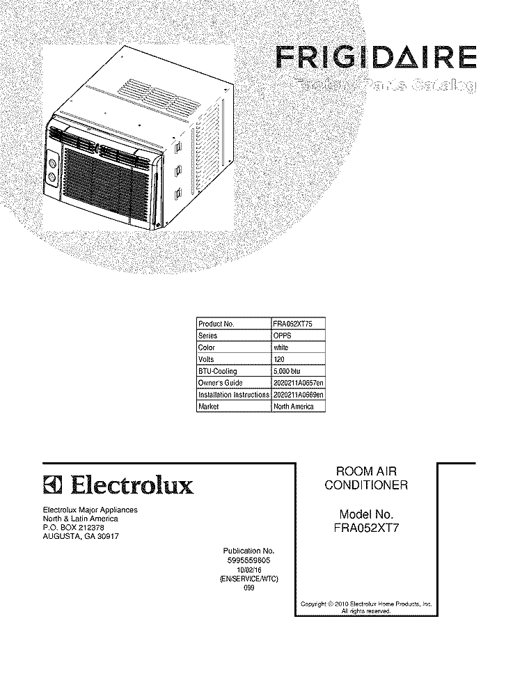 COVER Diagram and Parts List for FRA052XT75  Frigidaire Air Conditioner
