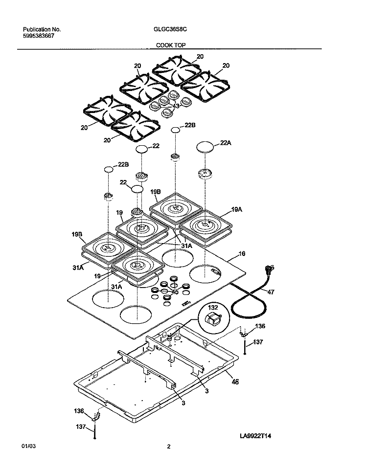 COOKTOP Diagram and Parts List for GLGC36S8CQA  Frigidaire Cooktop
