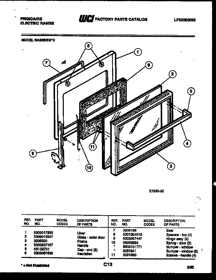 DOOR PARTS Diagram and Parts List for RA30BEL3  Frigidaire Range