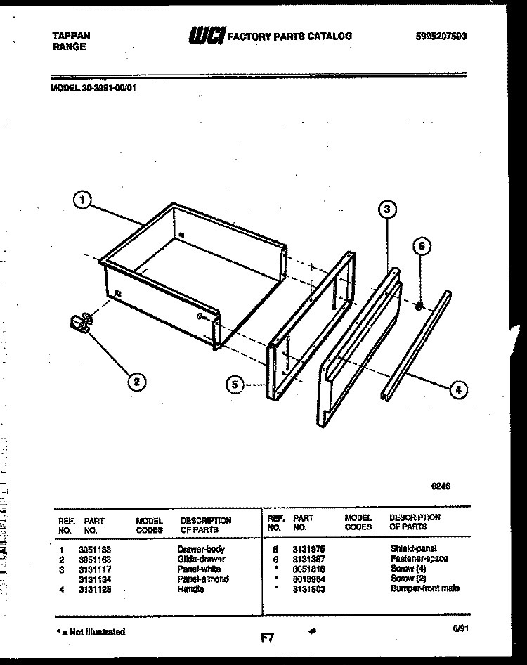 DRAWER PARTS Diagram and Parts List for 30-3991-00-01  Tappan Range