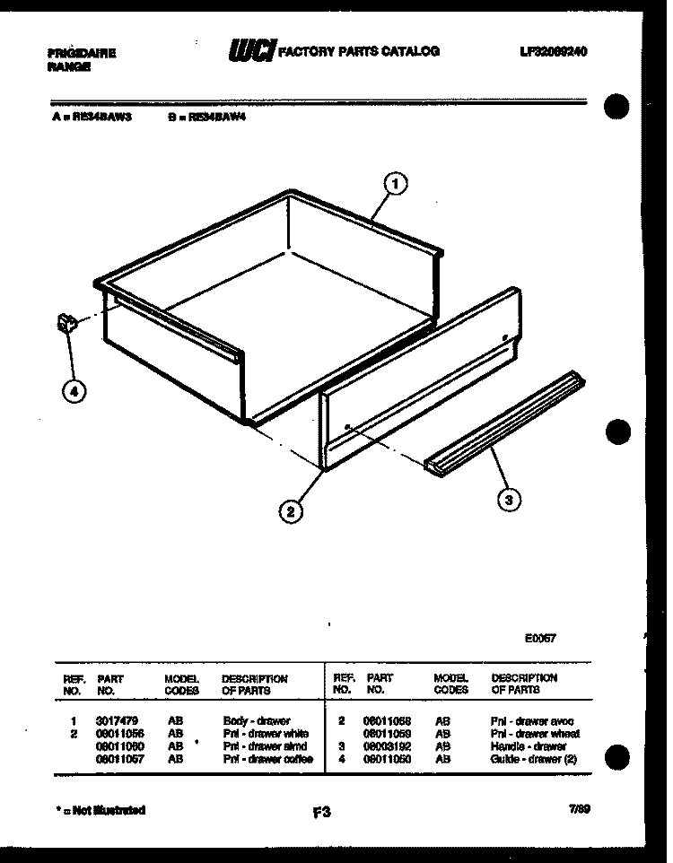 DRAWER PARTS Diagram and Parts List for RE34BAH4  Frigidaire Range