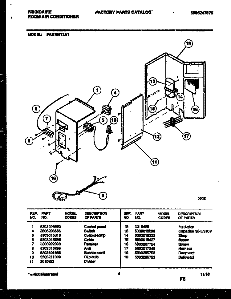 ELECTRICAL PARTS Diagram and Parts List for FAS186T2A1  Frigidaire Air Conditioner
