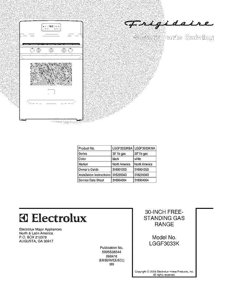 COVER Diagram and Parts List for LGGF3033KBA  Frigidaire Range
