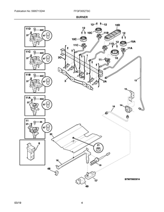 Burner Diagram and Parts List for FFGF3052TSC  Frigidaire Range