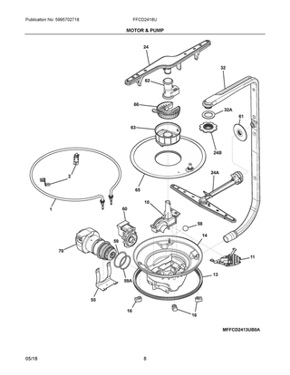 Motor & Pump Diagram and Parts List for FFCD2418UB0A  Frigidaire Dishwasher